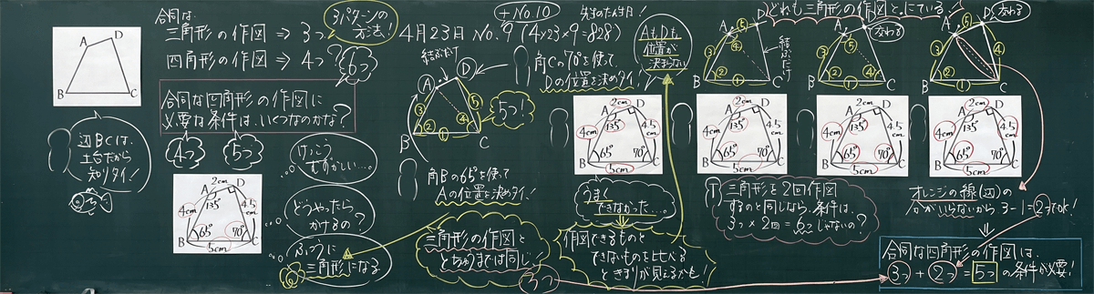 合同な四角形の作図に必要な条件はいくつかな 5年 合同な図形 5 6 7時間 板書王のとっておき算数授業 明治図書オンライン 教育zine